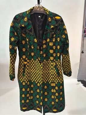 Green & Yellow Geometric Patterned Women's Blazer Coat w/belt